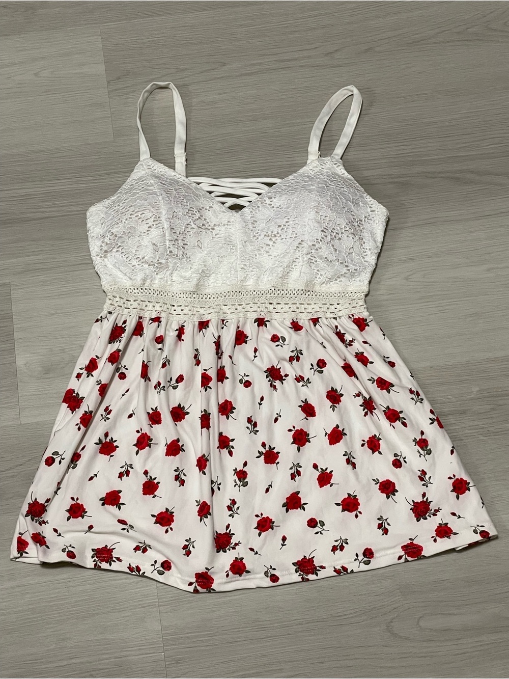 No Boundaries White Cami with Red Rose Print and Lace Bodice